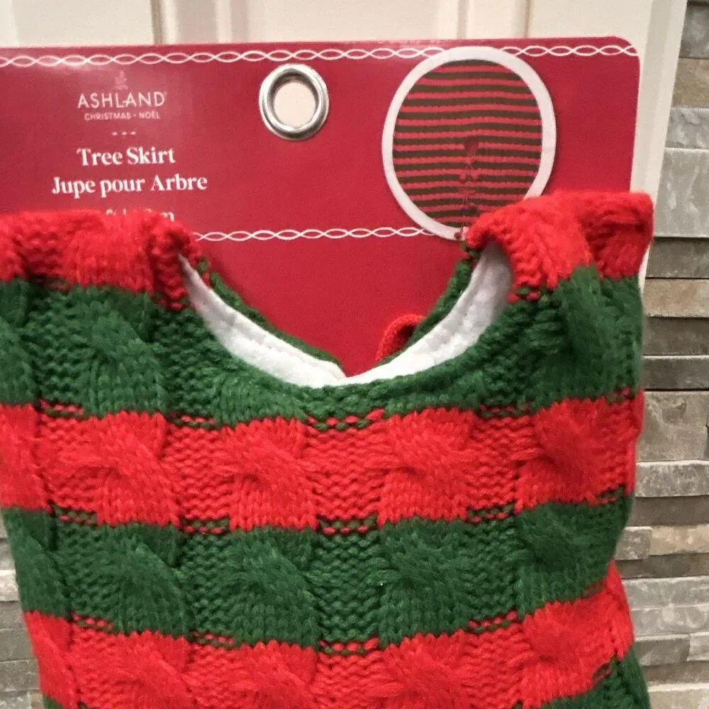 Ashland Christmas Tree Skirt Red Green White Striped Round 4 ft Pom Pom Trim